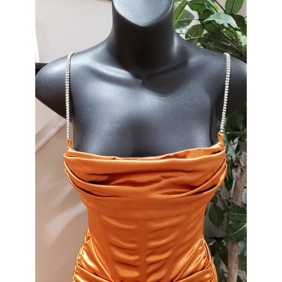 Rosedress Women's Gold Ruched Back Zip Spaghetti Rhinestone Knee Length Dress S - Picture 6 of 14